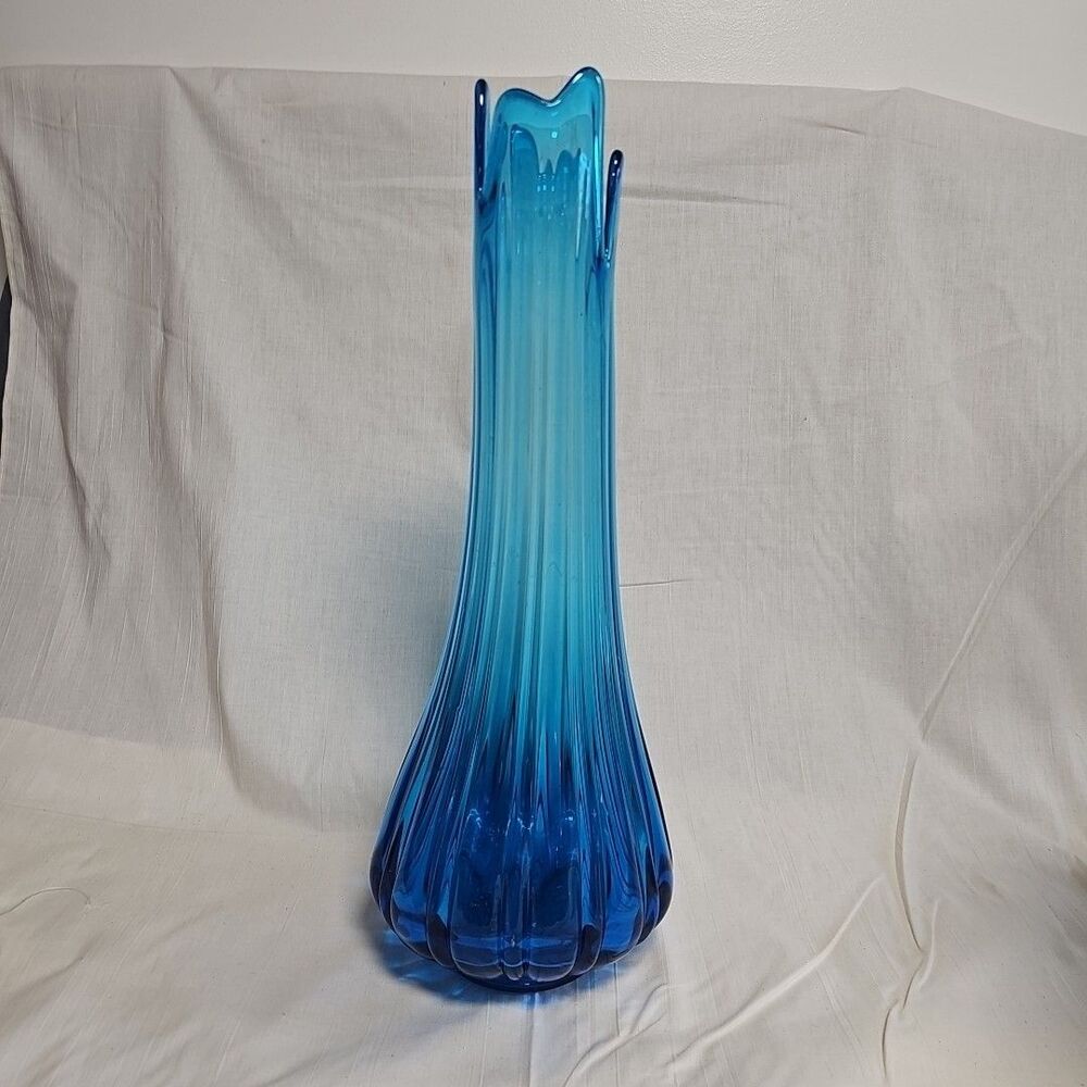 Large Vtg 20”LE Smith Fat Bottom Column Swung Glass Vase Peacock  Blue *SEE NOTE